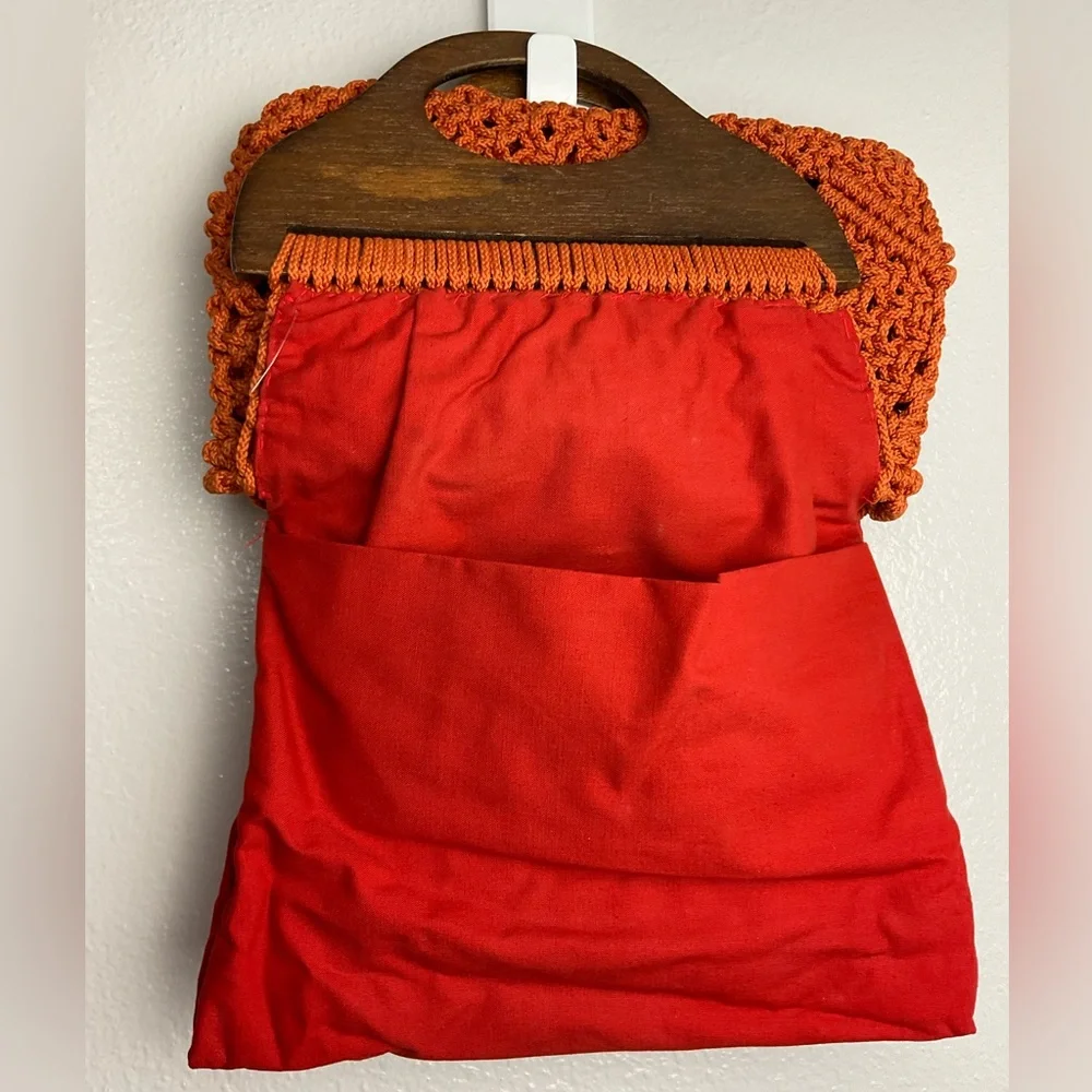 Mid century modern‎ Orange Macramé Tote with Wooden Handle